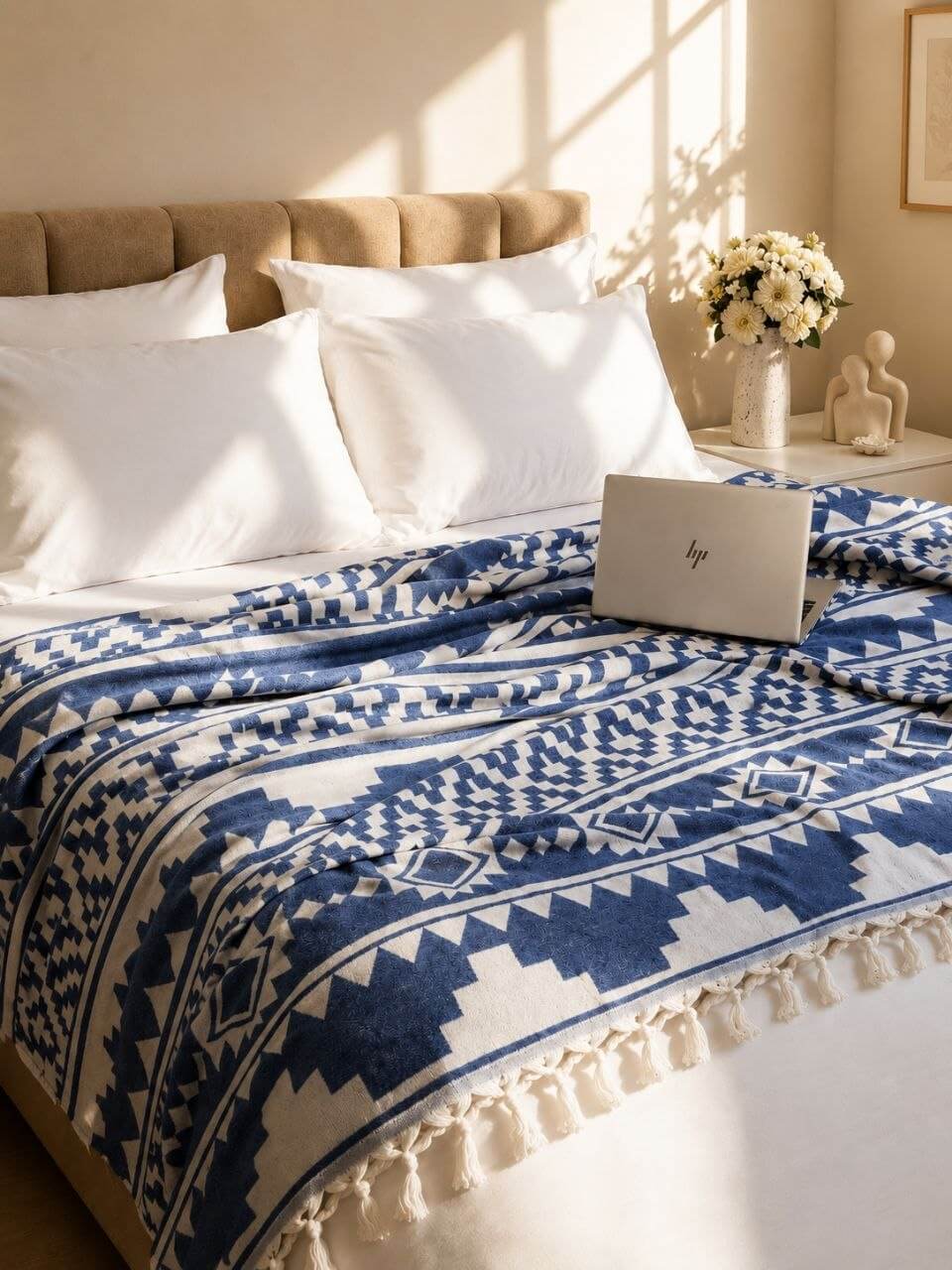 مفرش بوهو أزرق فاخر بشراشيب